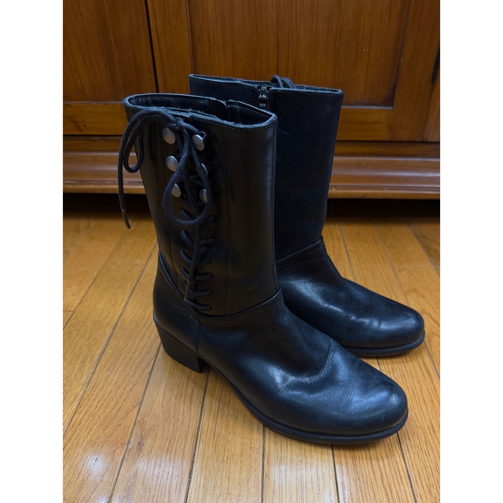 Bussola Antwerpen Aya Black Leather Lace Up Mid Calf Boots Womens 37 US 6.5-7